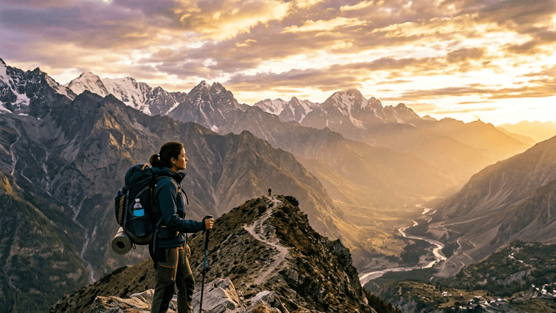 Backpacker on a mountain ridge overlooking a valley at golden hour