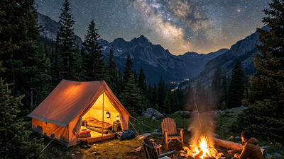 Cozy tent under a starlit sky in a mountain wilderness