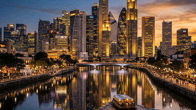 Vibrant city skyline at dusk with illuminated skyscrapers